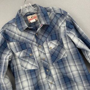 Wrangler Pearl Snap Shirt Mens Medium Blue Plaid Western American Cowboy Rodeo